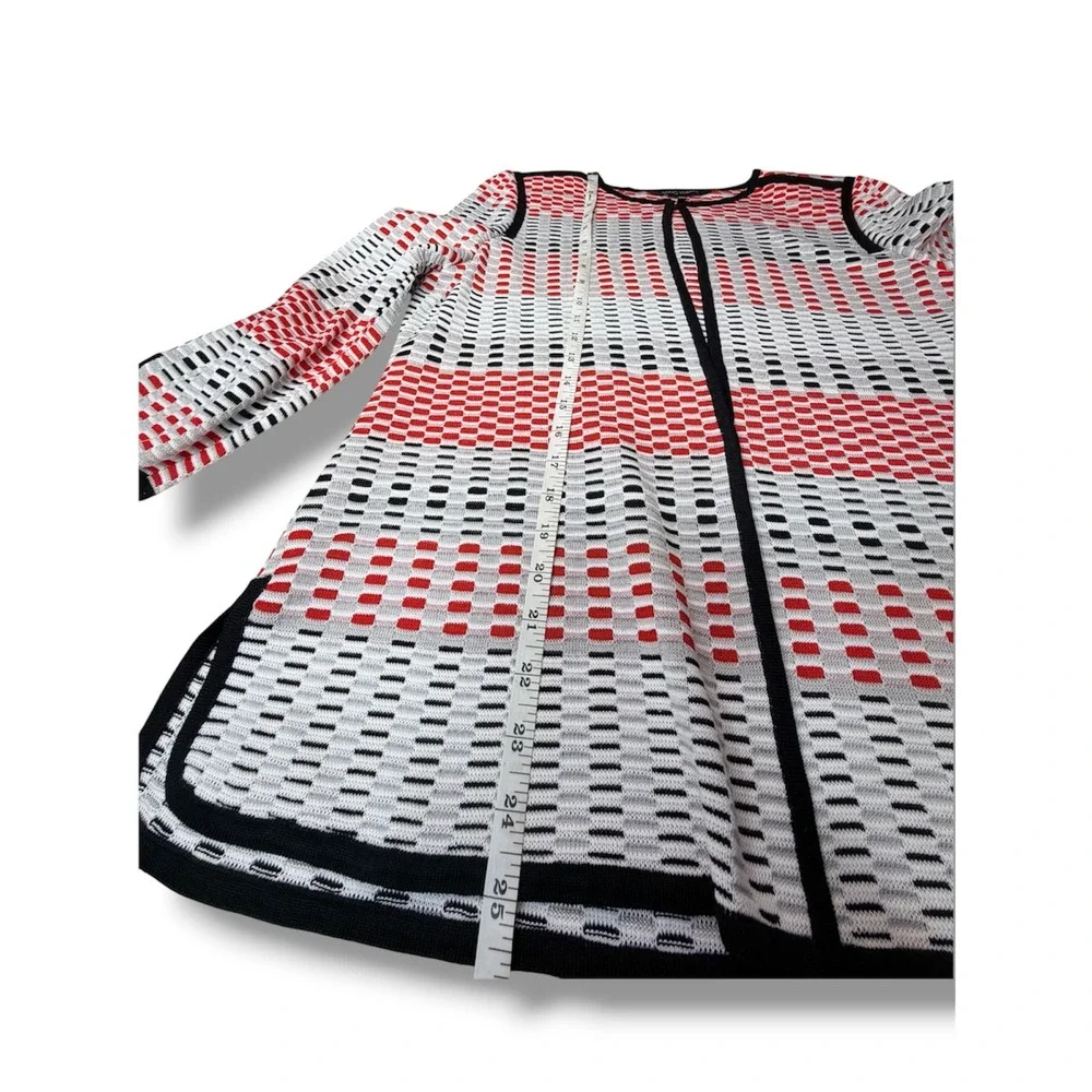 Ming Wang Red Black White Geometric Knit Open Front Jacket Cardigan Women's‎ M